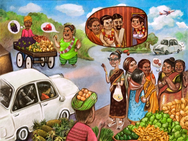 Interior page from Desi ABC showing the letter A with vibrant hand-painted Indian scene