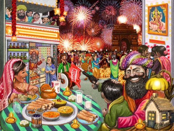 Interior page from Desi ABC showing the letter D with colorful Indian cultural illustration