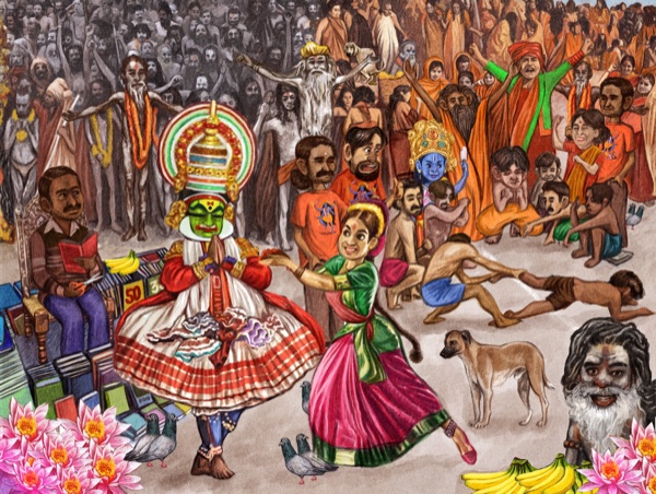 Interior page from Desi ABC showing the letter K with gorgeous Indian village scene